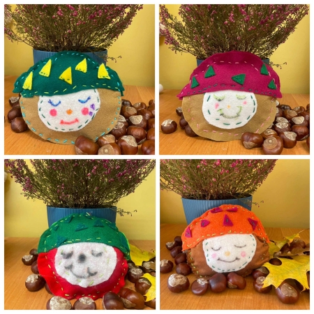 Wesołe kasztanki z filcu uszyte na zajęciach świetlicowych